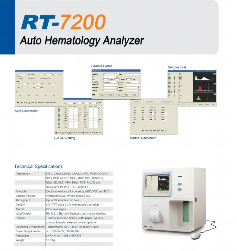 Analyseur de hématologie de machine d'analyse de sang de Cbc d'analyseur de hématologie de Rt-7200 Rayto