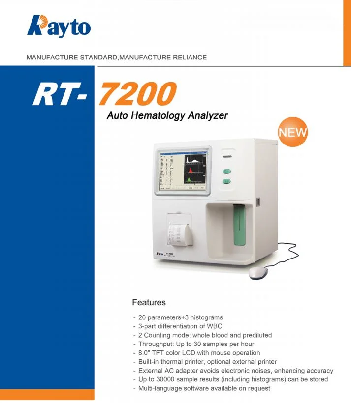Analyseur de hématologie de machine d'analyse de sang de Cbc d'analyseur de hématologie de Rt-7200 Rayto